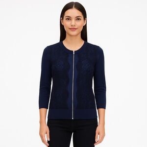 Banana Republic Lace Front Zip Cardigan Sweater Navy Blue XS